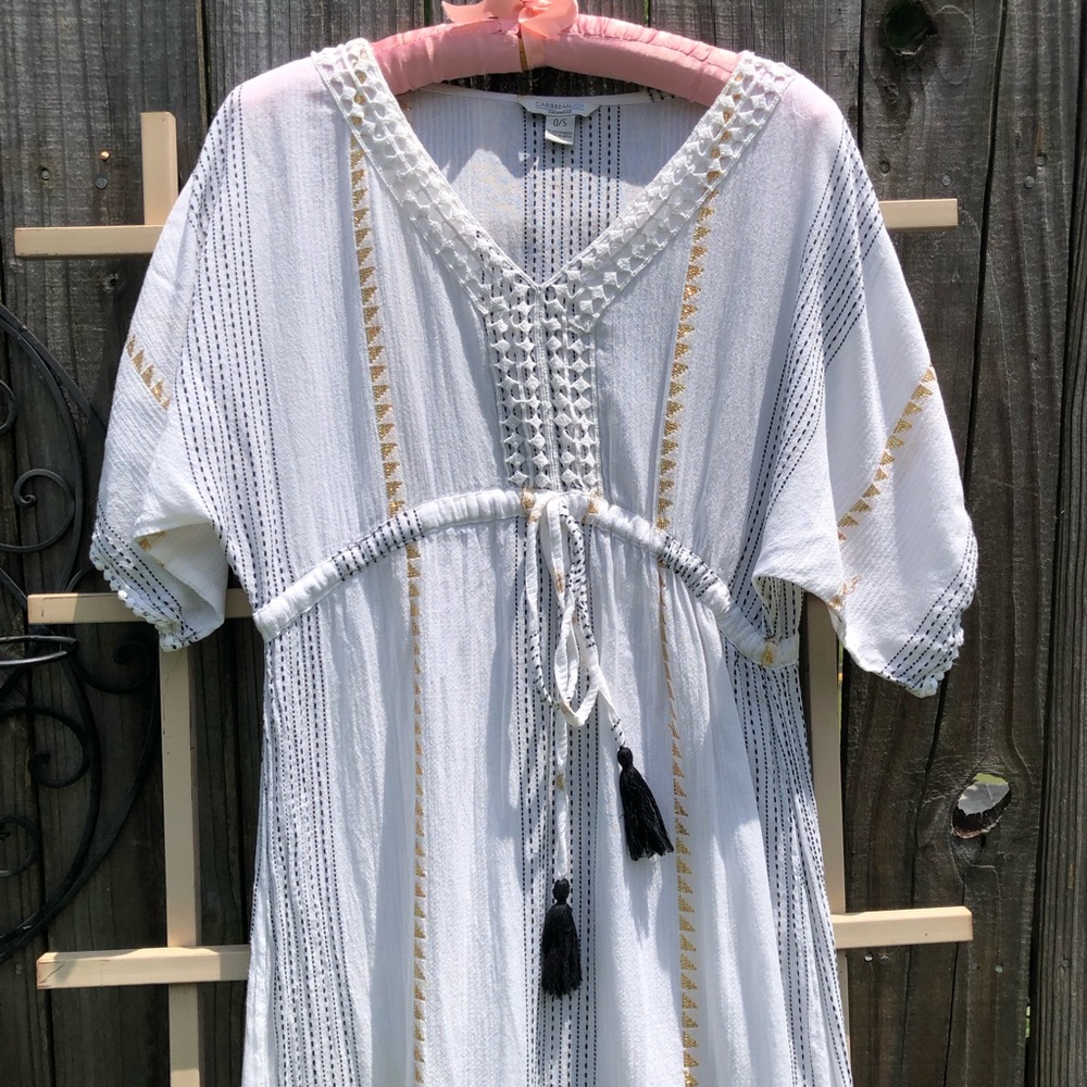 Caribbean Joe White Embroidered Gold threads Swim Coverup OS
